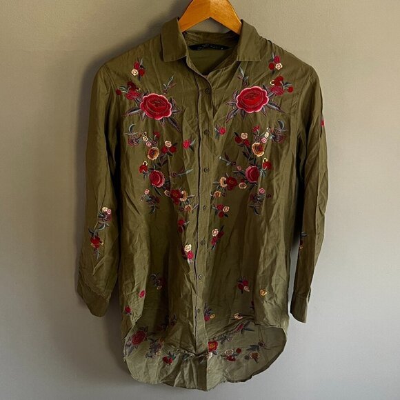 Zara floral embroidered button down shirt Green Size XS - Picture 2 of 14